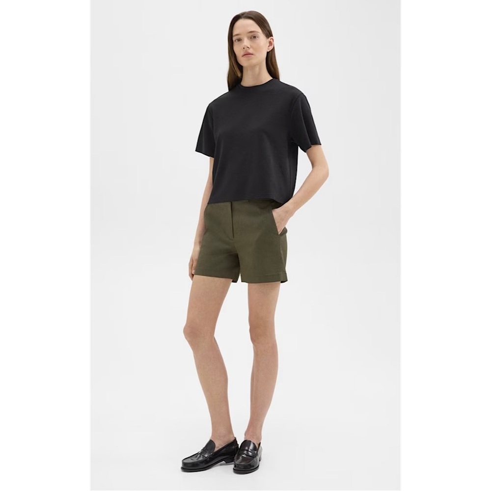Theory Waist Tab Shorts in Good Linen Dark Olive Green 00